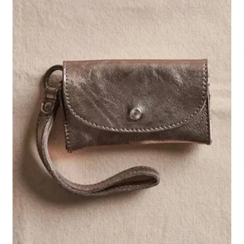 Free People Leather Wristlet Lanyard‎ Wallet Metallic Silver